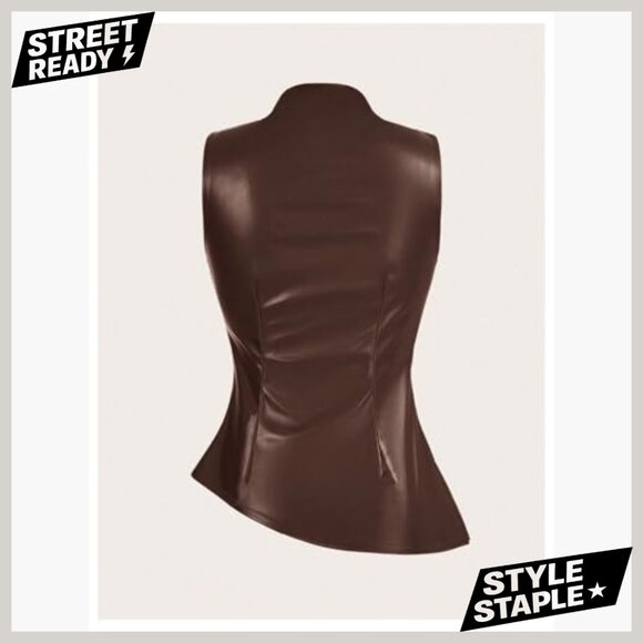 PU Leather Mock Neck Pleated Asymmetrical Sleeveless Fitted Tank Top - Picture 2 of 5